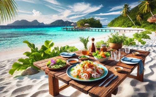 Khung cảnh bãi biển xanh ngắt, nơi du khách có thể thưởng thức món gỏi sứa tươi ngon bên bờ cát trắng.