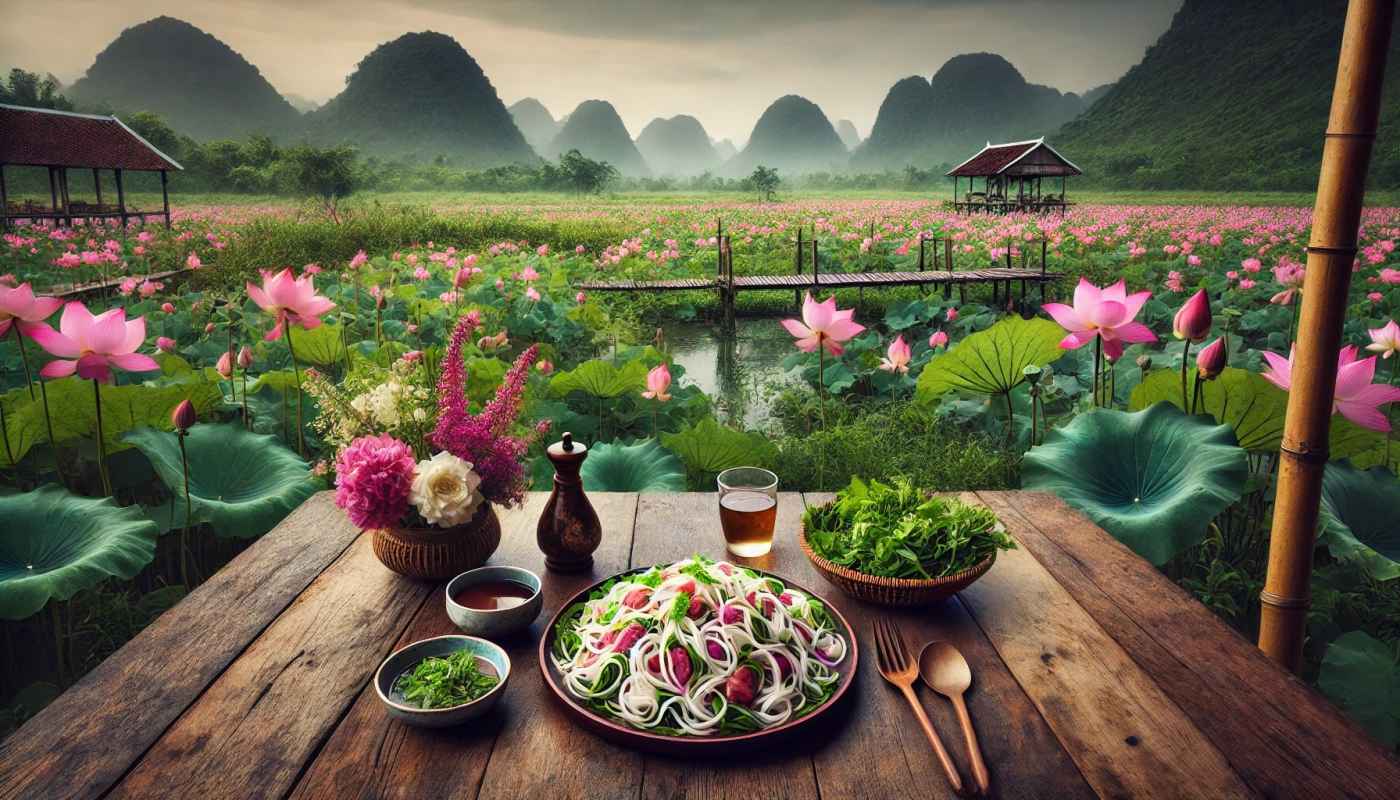 Khung cảnh đồng sen Đồng Tháp, nơi du khách có thể vừa thưởng thức món gỏi ngó sen vừa tận hưởng vẻ đẹp thiên nhiên thanh bình.
