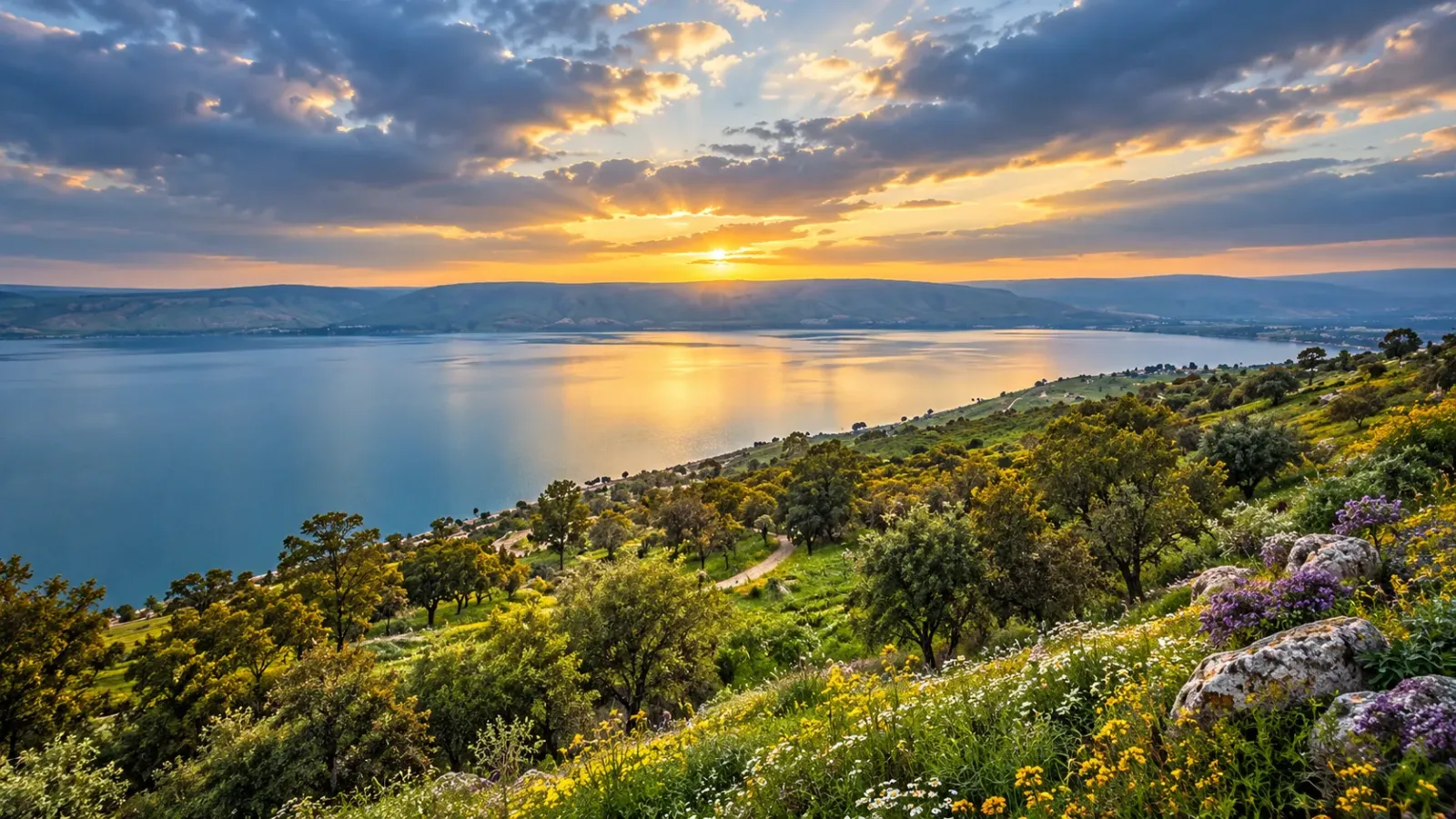Biển hồ Galilee Kinneret với đồi núi bao quanh tại Israel